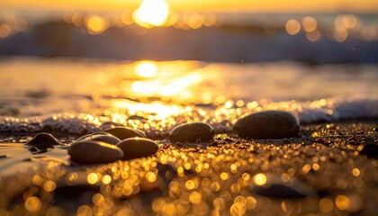 Golden Sunset Reflects On Wet Pebble Beach With Gentle Waves Creating A Serene Coastal Landscape Scene