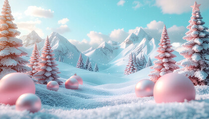 Magical Christmas winter wonderland with pastel pink trees and ornaments in a snowy mountain landscape