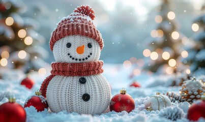 Fototapeta premium Charming handmade snowman toy in a magical, snowy Christmas scene