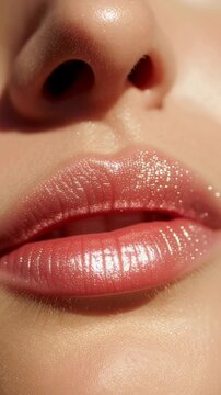 Cinematic macro close-up of a woman&rsquo;s glossy lips glimmering in sunlight as she smiles softly