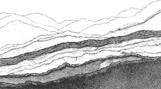 Black and white abstract landscape with layered geological strata and wavy river background