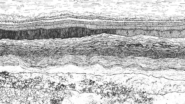 Black and white cross section of layered geological strata and rock formations geology layers