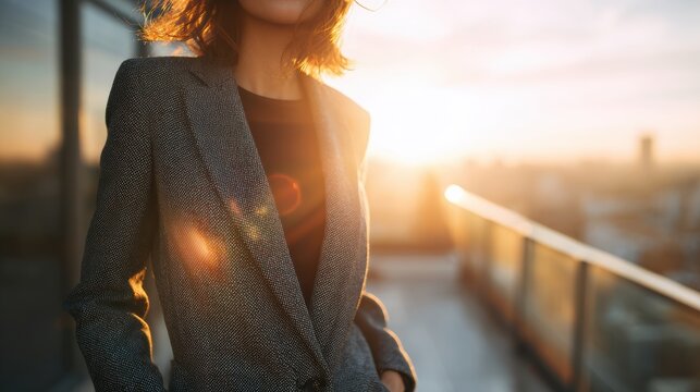 A confident woman in a sleek suit stands against a sunset backdrop, embodying professionalism and determination.