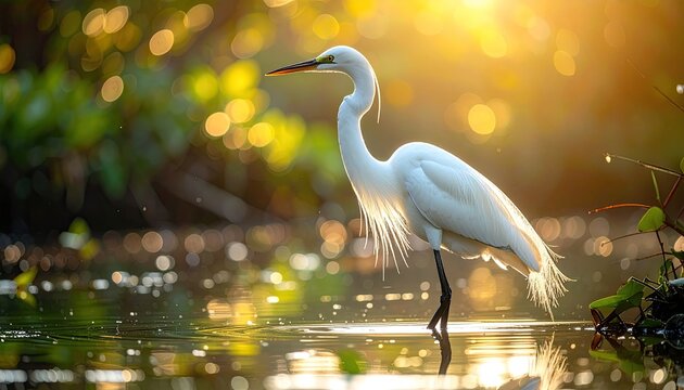 Great Egret Standing in Shallow Water During Golden Hour With Lush Green Foliage Blurred Background