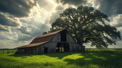 Rustic barn under a dramatic sky