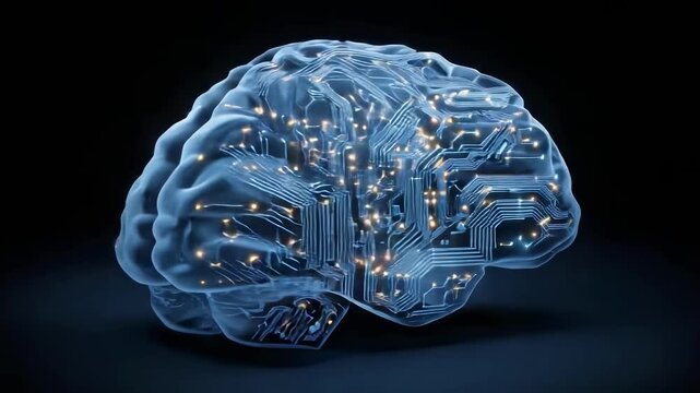 Blue brain with glowing circuit traces, symbolizing artificial intelligence.