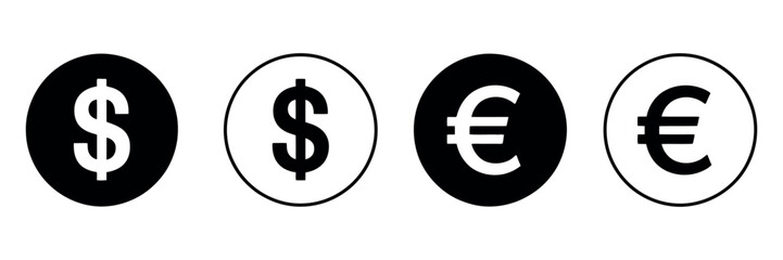 Dollar and euro currency icon set. vector symbols representing money, finance, wallet, payment, and banking concepts for digital applications, web design, and financial business projects.