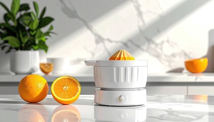 Juicer and Fresh Oranges and Lemons on a Bright Countertop with Sunlight Shadows and a Potted Plant