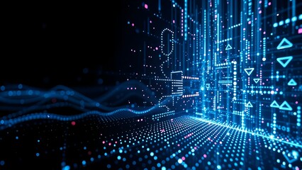 digital network geometric matrix shapes like lines and triangles, with bright neon colors reflecting off black surfaces