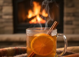 A steaming mug of hot spiced cider with an orange slice and cinnamon stick by a cozy fireplace.