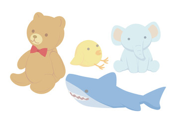 クマとサメとヒヨコとゾウのぬいぐるみのイラスト © デデムシ