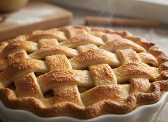 A freshly baked apple pie with a lattice crust, steaming gently, ready to be served.