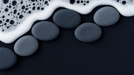 A black and white image of seven dark gray stones arranged in a semi-circle, with a layer of white foam on the left side.