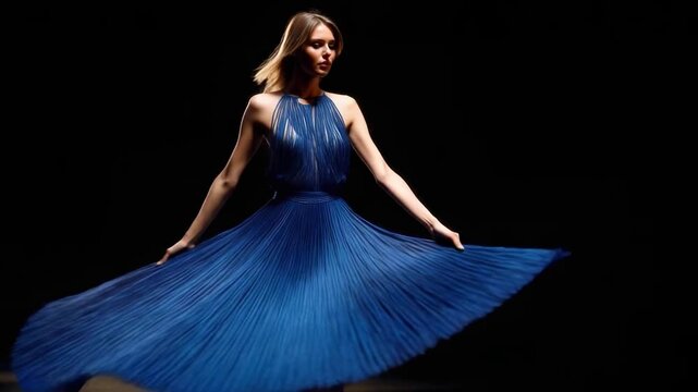 A woman in a blue backless dress twirls on a dark stage, her flowing pleated skirt sweeping outward as she spins.