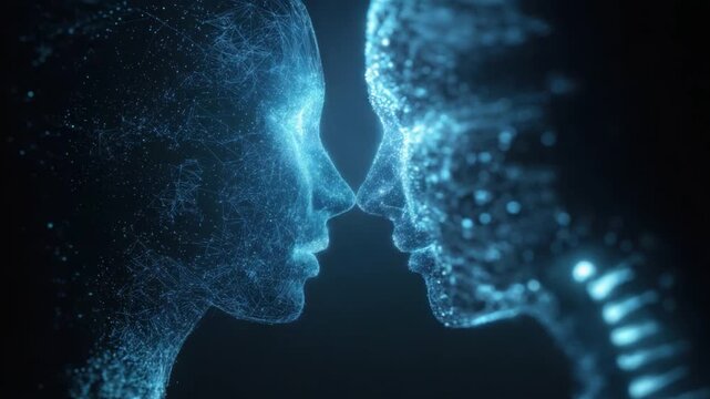 Connection in the Digital Realm: Two digital forms of figures, representing individuals, delicately meet in an intimate, ethereal connection within a futuristic digital world.