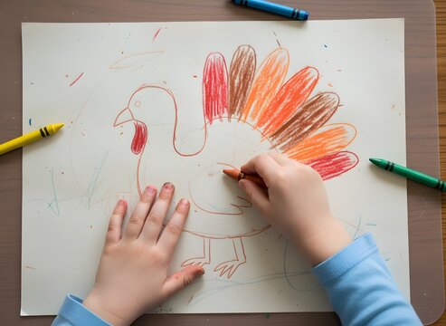 A child's hands coloring a turkey drawing with crayons on a white paper sheet.