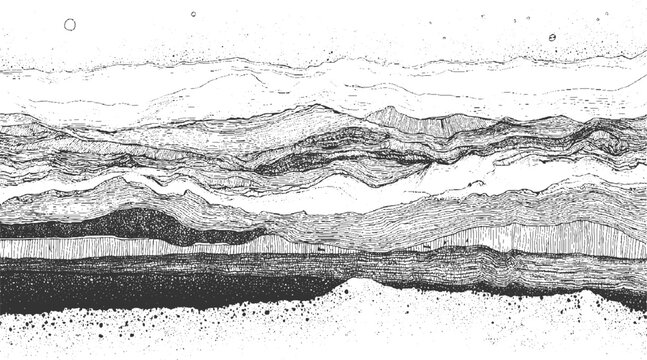 Abstract black and white layered landscape with textured strata and distant circles monochrome