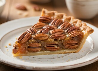 A delicious slice of pecan pie, showcasing a golden-brown crust filled with a rich, gooey center and topped with whole pecans.