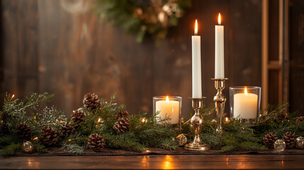 Rustic Christmas Centerpiece Candles Evergreen Pine Cones - Elegant Holiday Table Display
