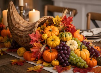 A beautiful autumn cornucopia centerpiece overflowing with pumpkins, gourds, grapes, and colorful fall leaves on a festive dining table.
