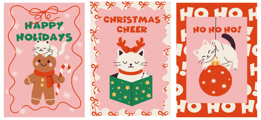 Christmas Greeting Cards Featuring Cute Cats and Festive Messages