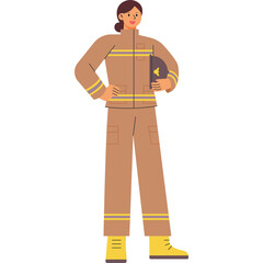 Full Body Studio Portrait of a Female Firefighter in Brown Protective Uniform Holding Helmet in Hand Isolated on White Background