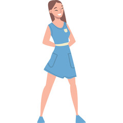 Full Shot Of A Happy Young Woman In A Blue Dress Standing With Hands Behind Her Back Outdoors Against A White Background With A Transparent Background