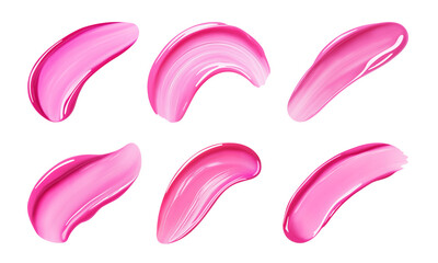 Collection of glossy pink lip gloss swatches. Cosmetics texture close-up. Isolated elements on transparent background