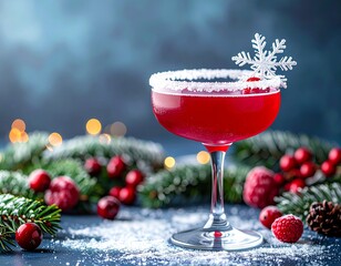 Festive cocktail with winter decorations set on a blue background