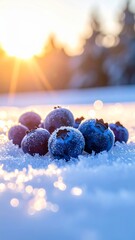 Blueberries resting on snow with sunset glow in the background under cold winter weather
