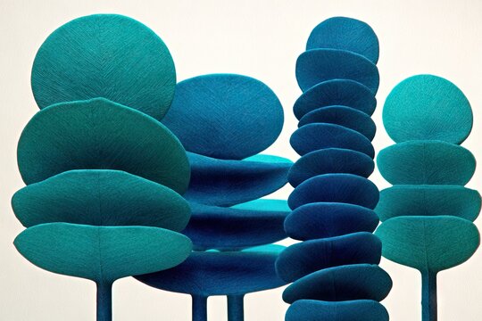 Teal fabric tree sculptures with circular, oval leaves/foliage