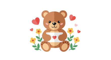 Fototapeta premium Adorable Teddy Bear Holding Love Letter Surrounded by Hearts and Flowers.