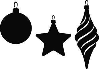 Black Christmas ornament silhouette set with star, round bauble, and spiral decoration, festive holiday vector design elements collection