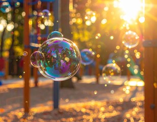 Bubbles floating in the golden light of a playground on a sunny afternoon