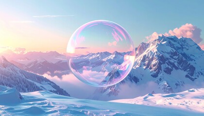 Large bubble floating over snowy mountains during sunrise in a peaceful winter landscape