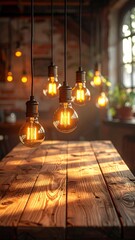 Warm light bulbs hanging over a rustic wooden table in an inviting indoor setting