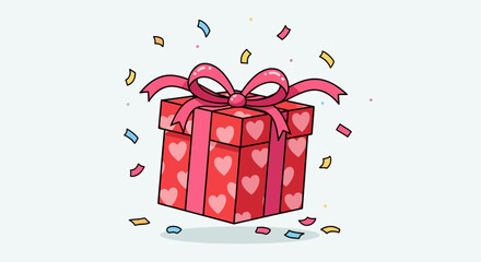 Festive Gift Box with Hearts and Ribbon Surrounded by Confetti.