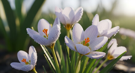 A close up shot of several white crocus flowers with water droplets on petals bloom