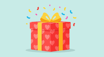 Festive Red Gift Box with Hearts and Yellow Ribbon.