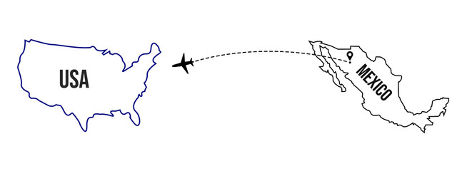 Air plane flight route linear line path from Mexico to USA on white and transparent background