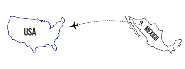 Air plane flight route linear line path from Mexico to USA on white and transparent background