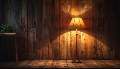 Cozy corner with a floor lamp illuminating a wooden wall at night in a rustic setting