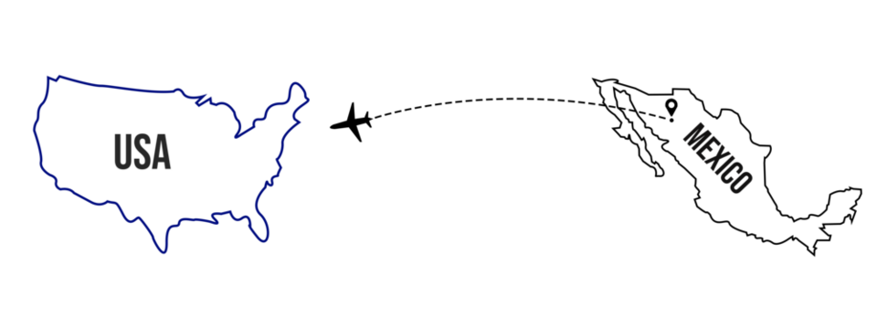 Air plane flight route linear line path from Mexico to USA on white and transparent background