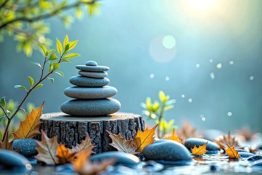 Pile of Rocks on Tree Stump near Water with Sunlight - Powered by Adobe