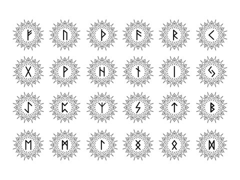 Set of Elder Futhark runes inside mandala star. Black line art vector for spiritual, occult  or Viking themed designs.