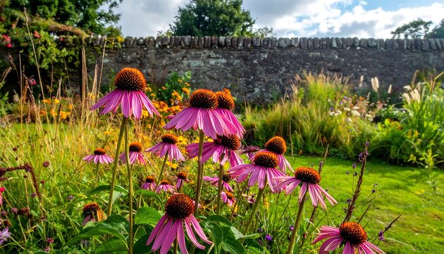 Vibrant Pink Coneflowers in a Walled Garden
