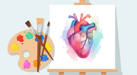 Anatomical Heart Watercolor Painting on Easel with Palette and Brushes.