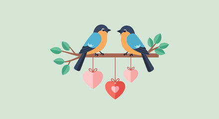 Two birds perched on a branch with hanging hearts.