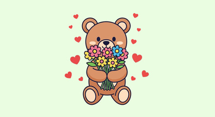 Cute Teddy Bear Holding Flowers Surrounded by Hearts.