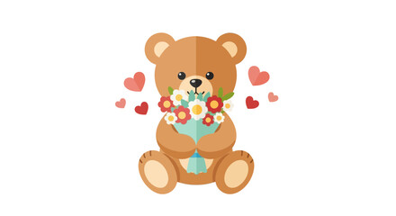 Adorable Teddy Bear Holding Flowers Surrounded by Hearts Illustration.